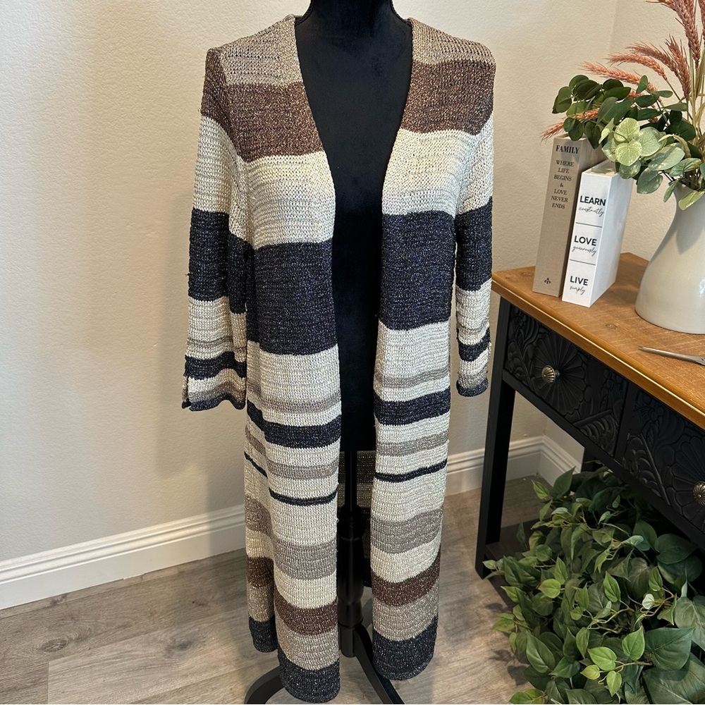 Chico's Metallic Sheer Knit Sweater, Long Sleeves Cardigan Size 1 Medium